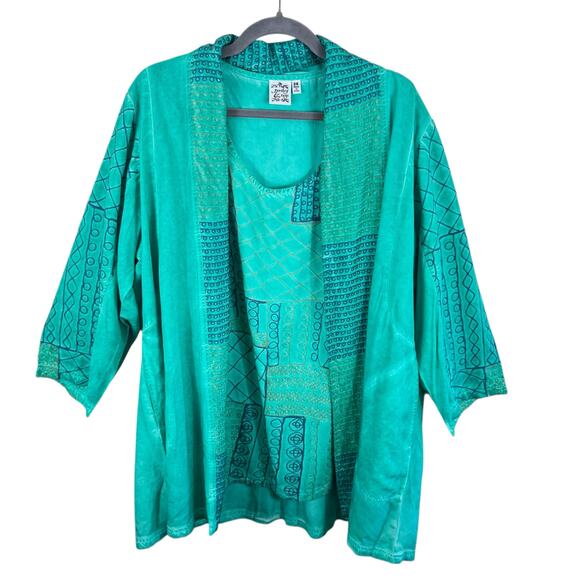 Parsley & Sage Sea Green Embroidered Tank 3/4 Sleeve Open Blouse Set Size 2X - Picture 1 of 6